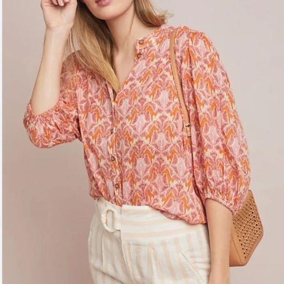 Anthropologie Tops - Maeve Anthropologie Kalapana Tiger Palms Blouse Puff Sleeve Size 4